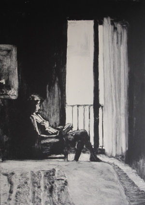 A woman sits in the cool shade of a Barcelona hotel room as the afternoon sun burns below in La Rambla.