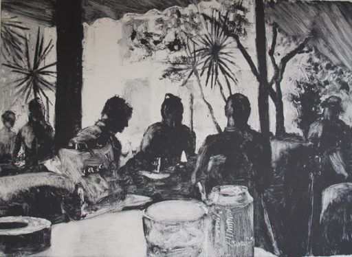 People relaxing in the shade of a canopy during the mid-day heat in Barcelona.