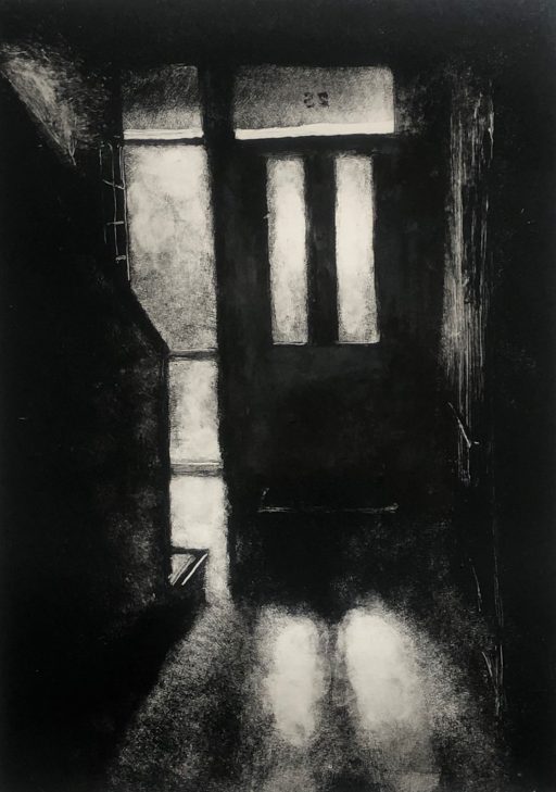 Front Door At Night, light streams into hallway