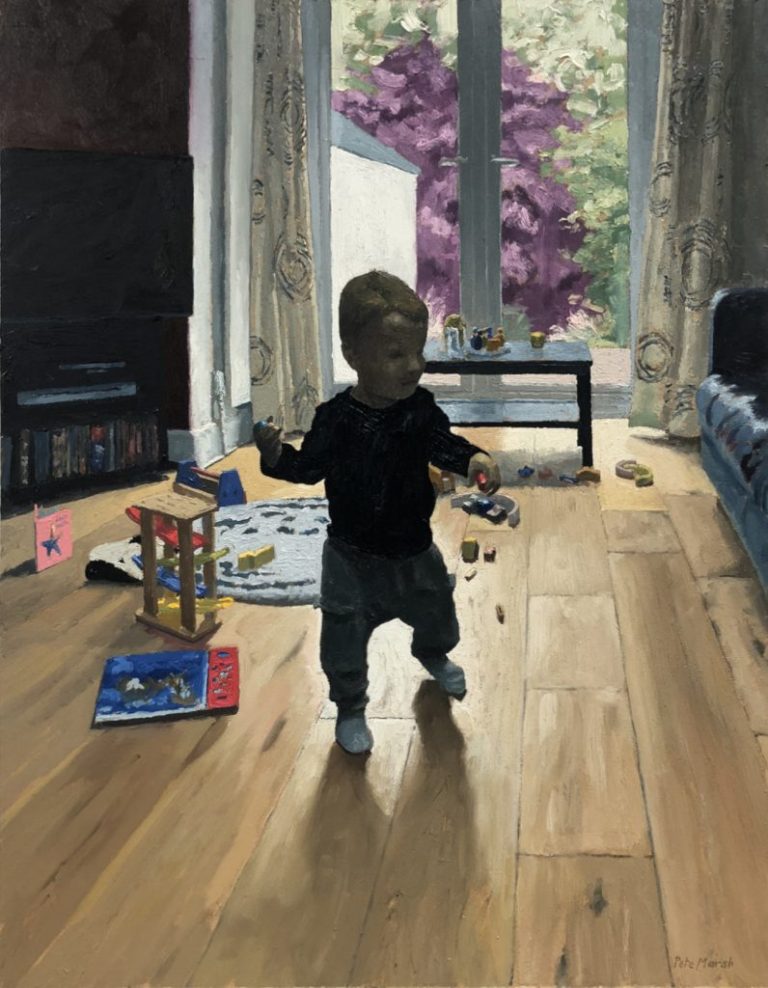 A young child is silhouetted against a patio door