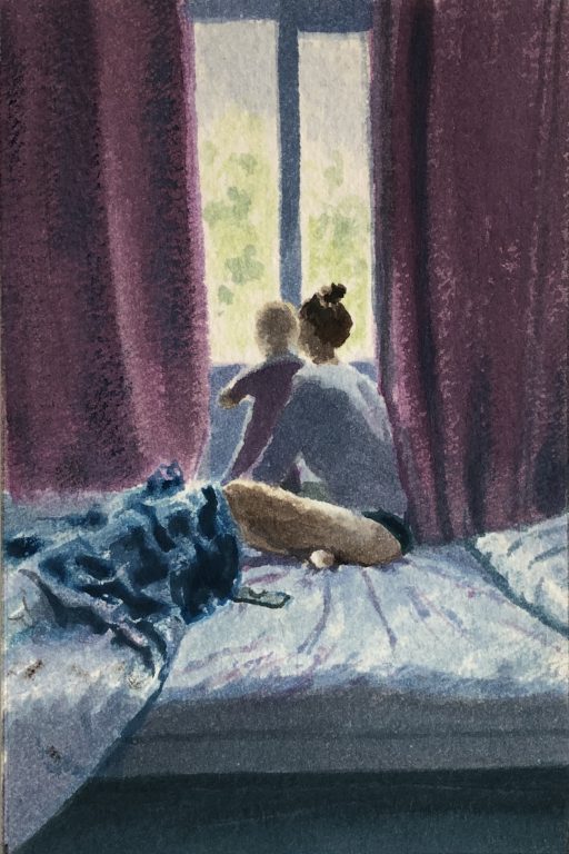 A young woman and a small child looking at crystals on a window sill early in the morning.