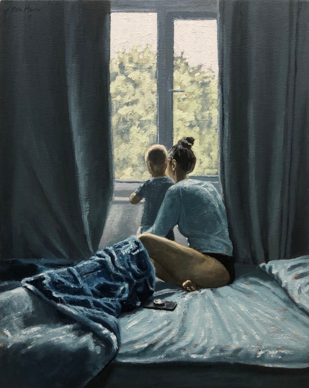 A young woman and a small child looking at crystals on a window sill in the early morning sunlight.