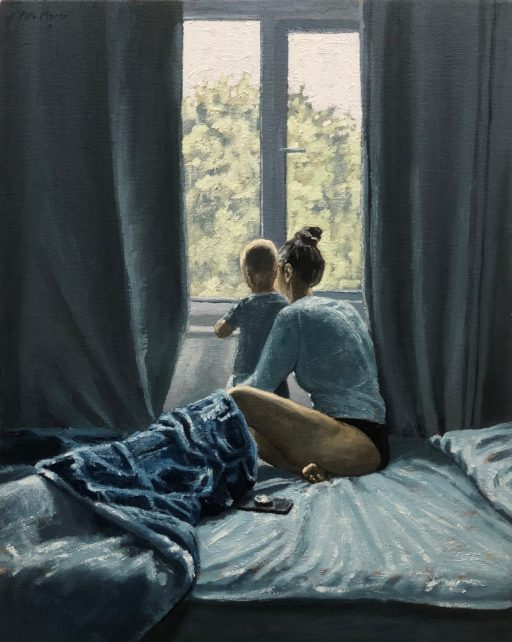 A young woman and a small child looking at crystals on a window sill in the early morning sunlight.