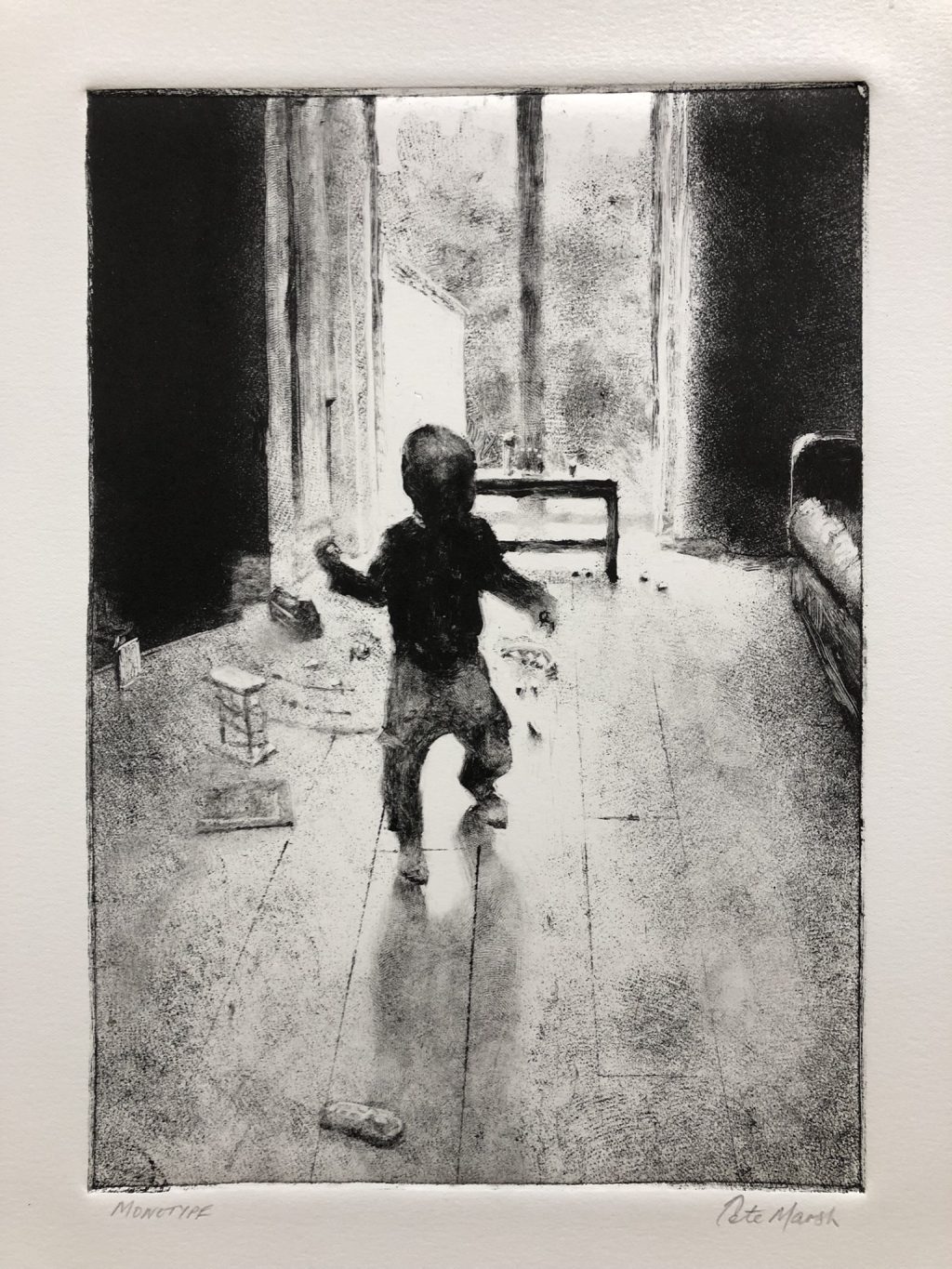 A child plays in a room flooded with light